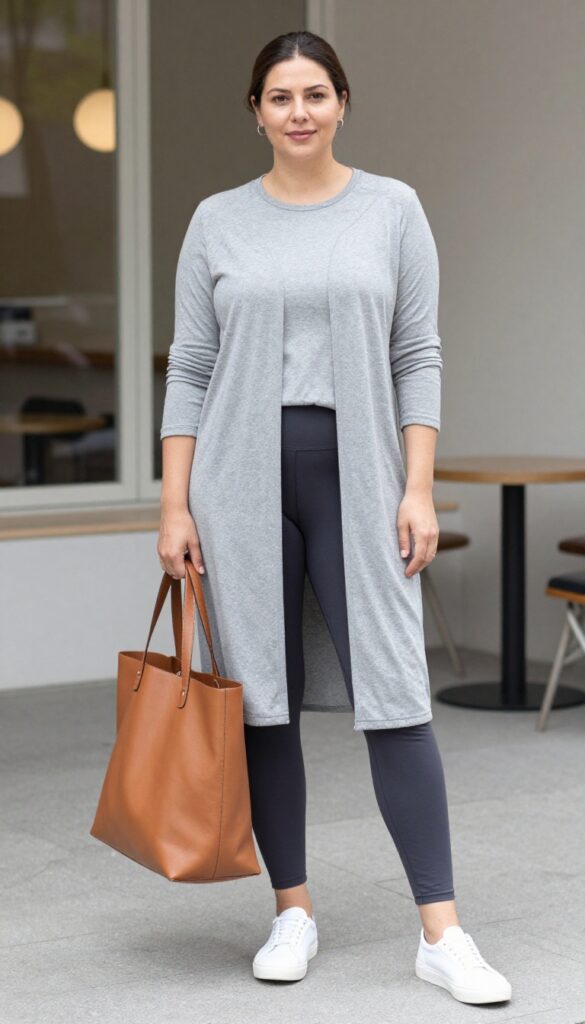 Midsize mom wearing dark leggings and a longline grey tunic with white sneakers and a tan tote bag, standing in a sunlit park.