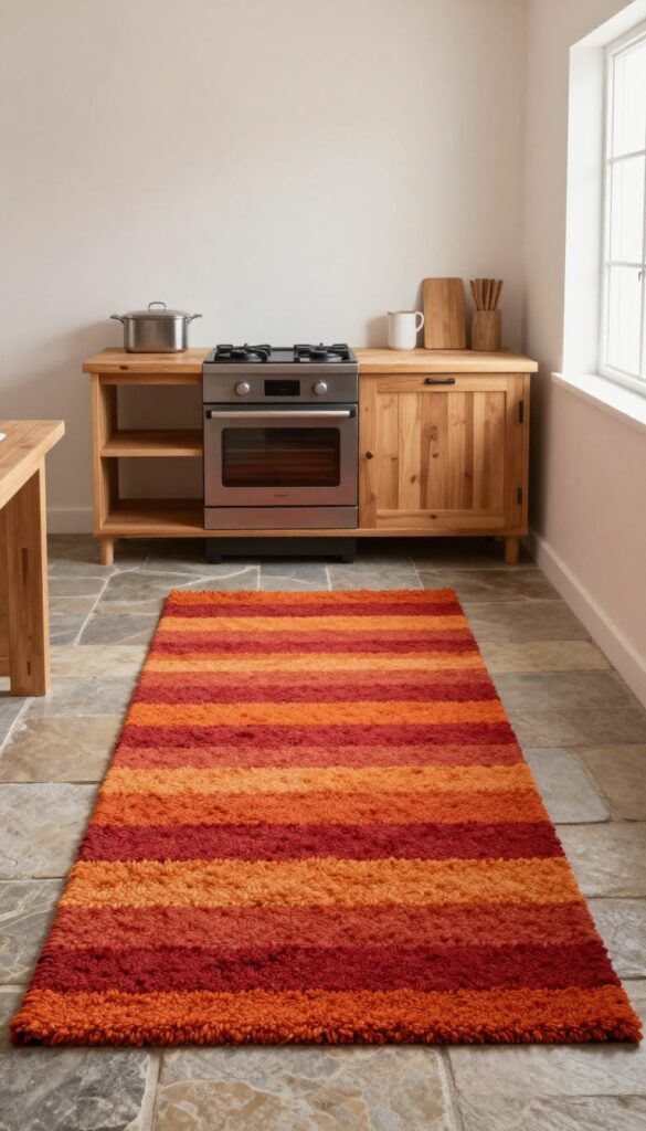 Minecraft kitchen with a striped wool rug runner on stone floor, adding warmth and color