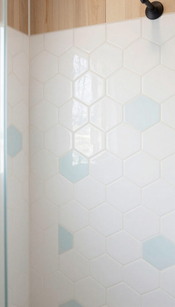 Close-up view of hexagon tiles in a shower stall, showcasing a retro geometric pattern with pastel colors and natural lighting for a designed look.