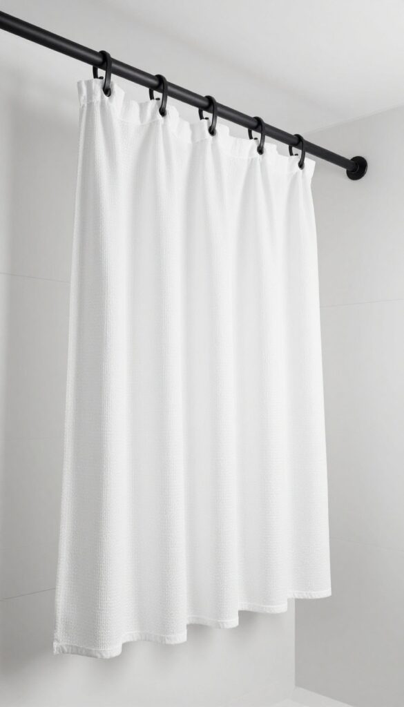 White ceiling-mounted waffle-weave shower curtain with matte black hardware in a bright minimalist bathroom