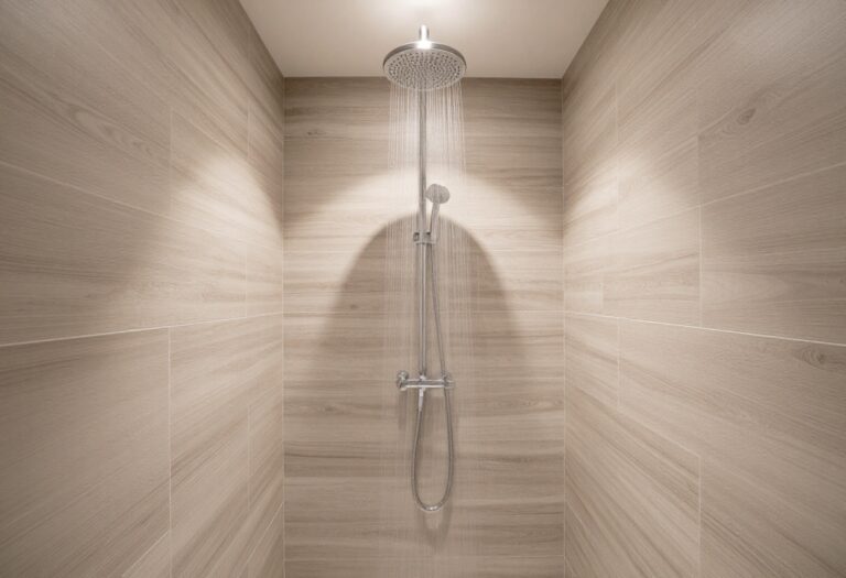 Modern basement shower with wood-look tiles and rainfall showerhead, featuring soft lighting and a clean, inviting design.