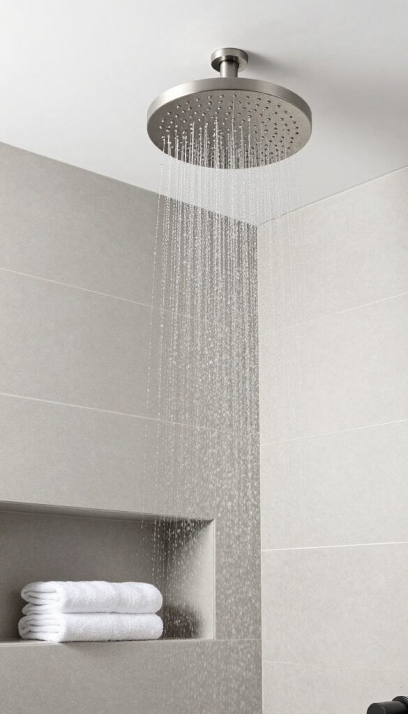 A modern bathroom with a statement rainfall showerhead in brushed nickel, set against neutral tiles and minimalist decor, showcasing a luxurious and streamlined shower upgrade.