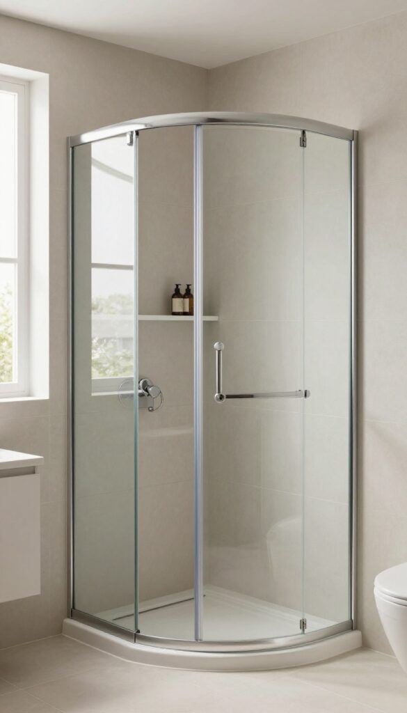 A corner walk-in shower with a curved clear glass door in a small bathroom, maximizing space efficiency with neutral tiles and natural light.