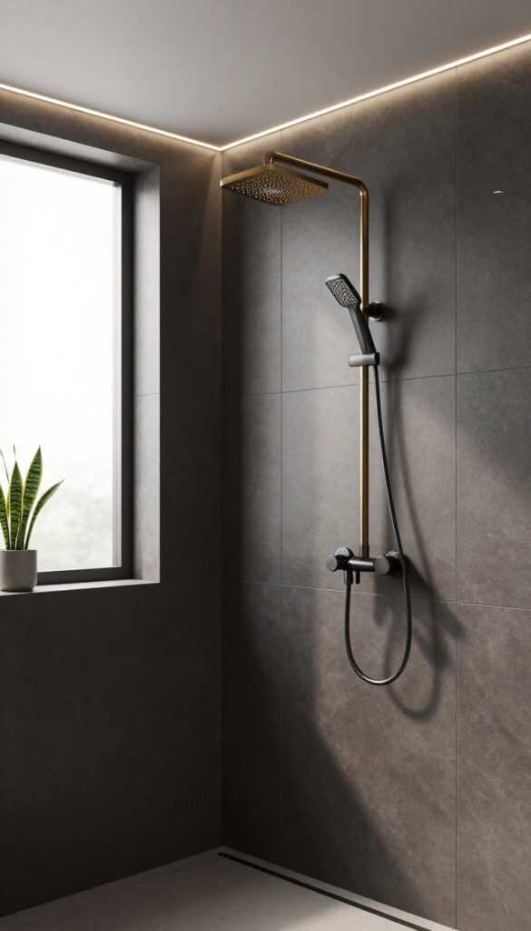 Monochromatic dark tile shower stall with strategic lighting, brushed brass fixtures, and a snake plant.