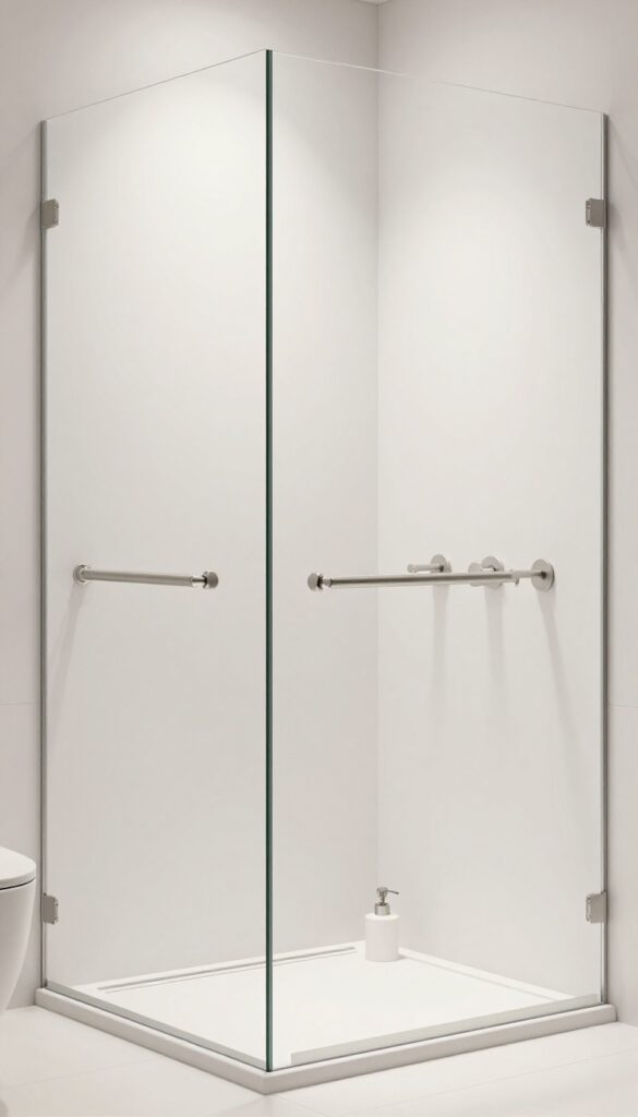 A modern shower room with minimalist accessories including brushed nickel towel bars, robe hooks, and a geometric soap dispenser, showcasing a clean and polished look with bright natural light.