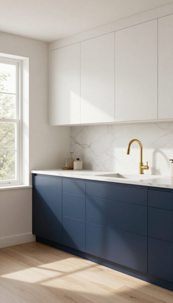 Two-tone kitchen cabinets with white uppers and navy lowers, bright natural light, quartz countertops, brass hardware.