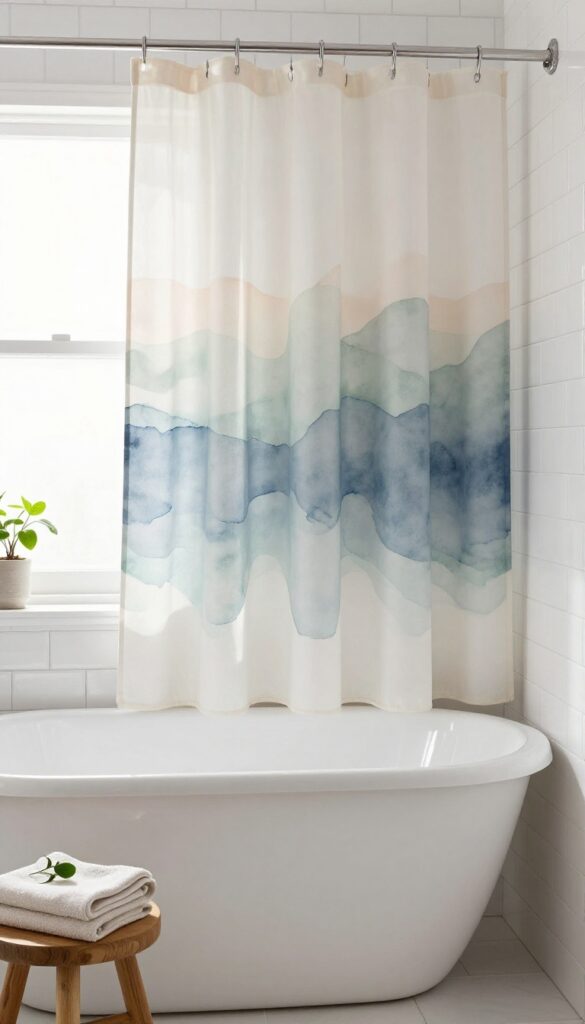 Abstract watercolor shower curtain in soft blush, sage, and blue tones in a bright white bathroom with natural light and wood accents.