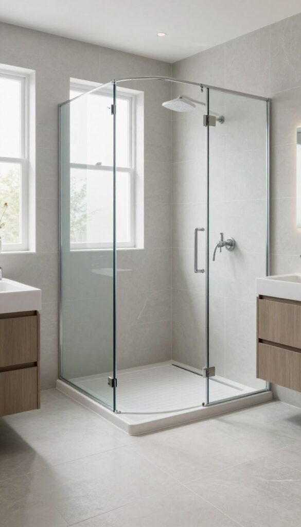 Curbless shower with seamless tile floor and frameless glass enclosure in a bright bathroom