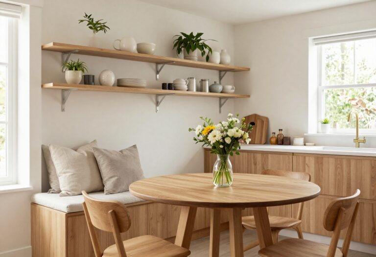 Cozy kitchen nook with built-in banquette, round wooden table, and fresh flowers in natural light