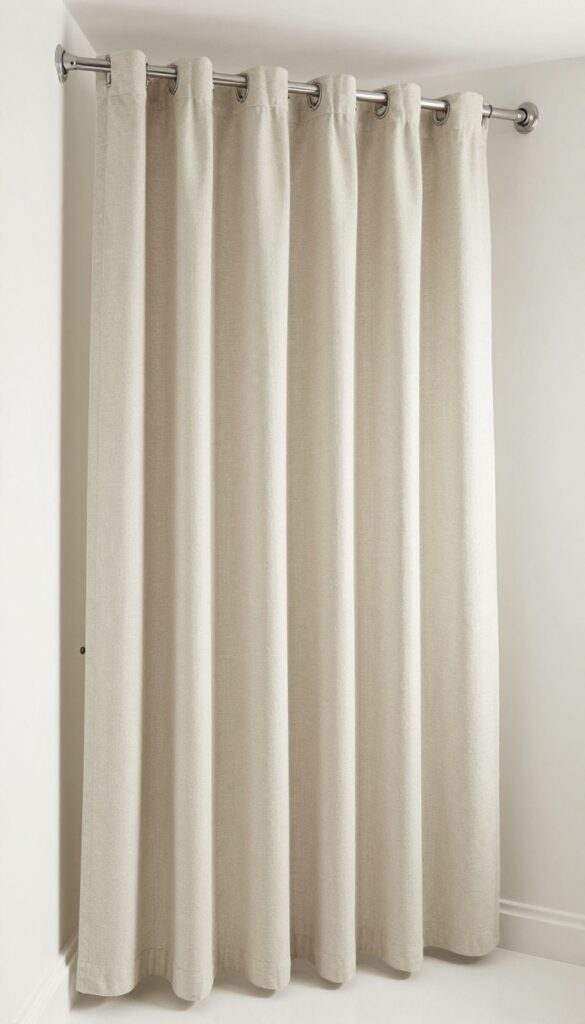 A corner shower curtain rod in a small bathroom with a neutral curtain and minimal decor to maximize space.