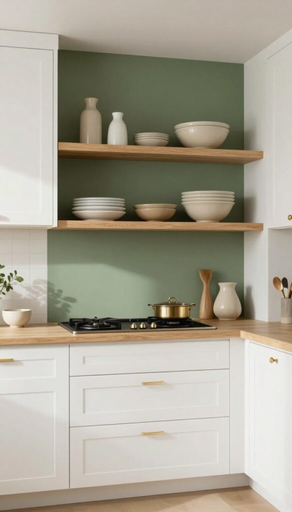 Kitchen with olive green accent wall behind stove, white cabinets, wood shelves, and brass details.
