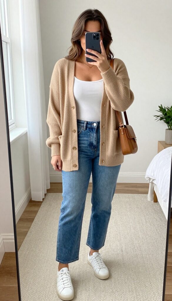 Midsize woman taking a mirror selfie wearing a long camel cardigan over a white tank top, straight-leg jeans, and white sneakers, with a tan crossbody bag and minimal jewelry in a bright, cozy room.