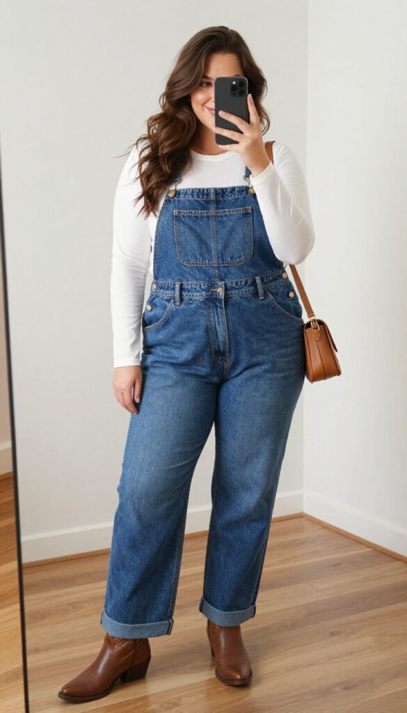 Plus-size woman in denim overalls and fitted white tee, with cowboy boots, taking a mirror selfie in a bright room.