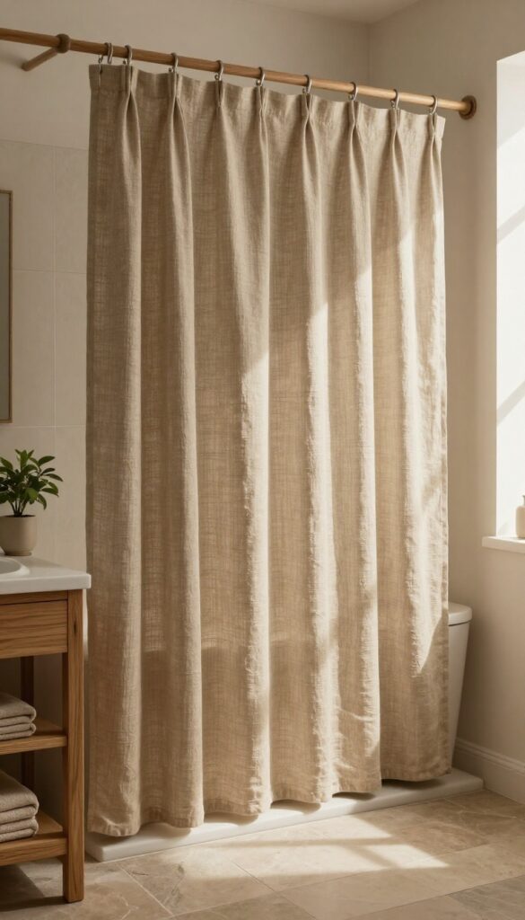 A textured linen shower curtain in an earthy-toned bathroom with natural materials like wood and stone, bathed in soft natural light for a cozy, spa-like vibe.