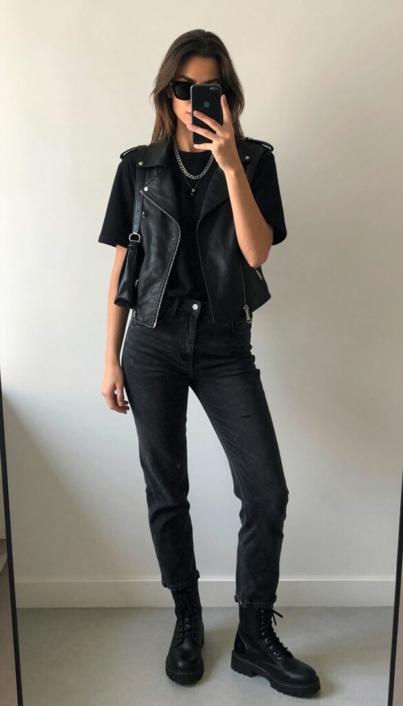 Mirror selfie of a woman in an all-black grunge-mom outfit with a leather jacket, combat boots, and layered necklaces, holding a phone to her face.