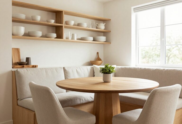 Cozy eat-in kitchen with round table, banquette seating, and open shelving