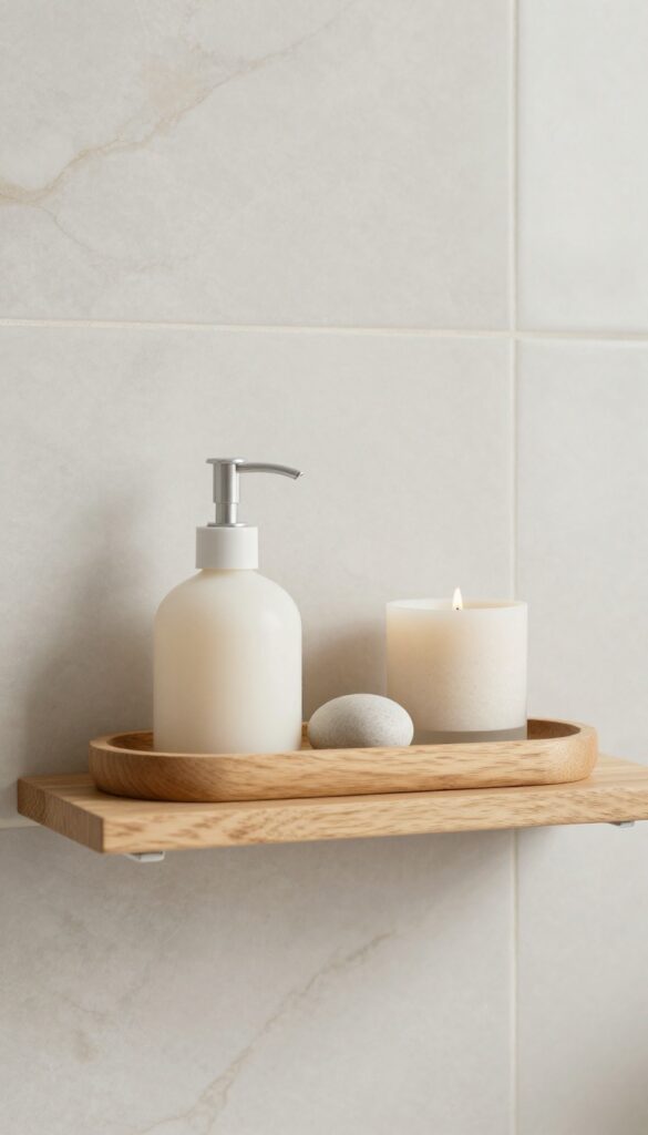 A bathroom shelf styled with a small wooden tray holding a soap dispenser, candle, and stone to reduce visual clutter.