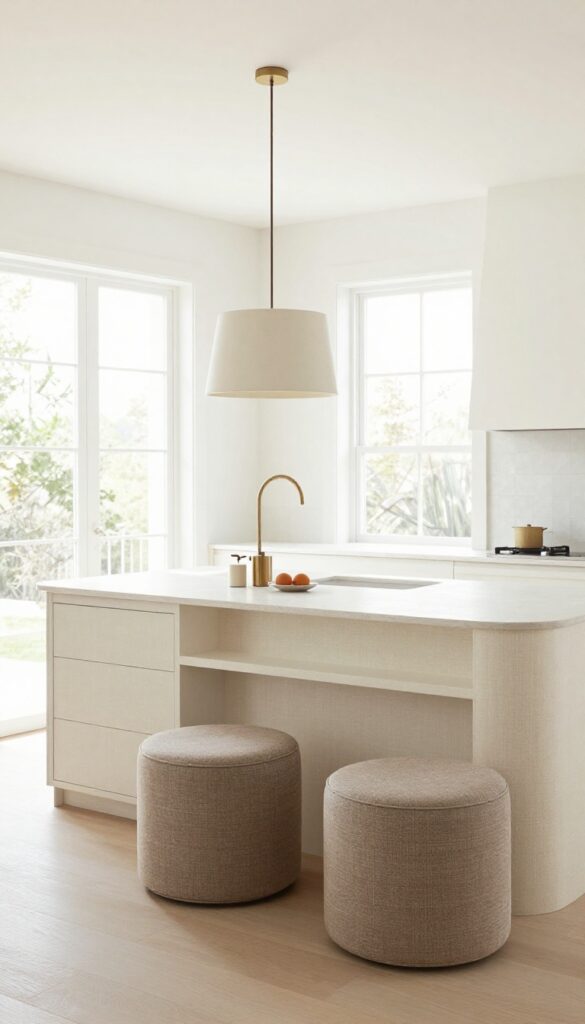 Curved kitchen island with built-in banquette seating and stools in a bright open-plan kitchen.