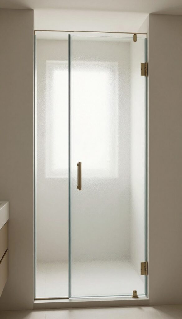 A small modern bathroom with a shower enclosure using frosted glass accents for subtle privacy in a bright, clean space.