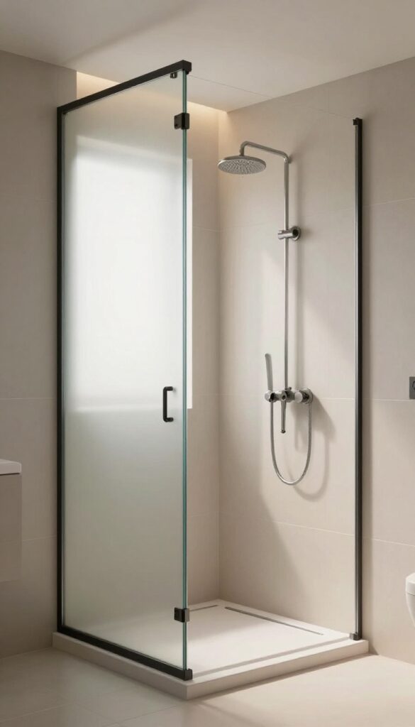 Small bathroom shower with frosted glass panel letting in diffused natural light, warm beige and gray tiles, matte black frame.
