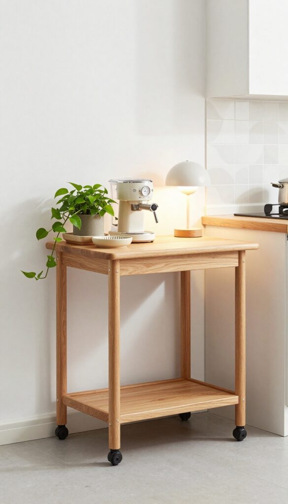 Slim rolling coffee cart with butcher block top and tile backsplash in a bright kitchen corner.