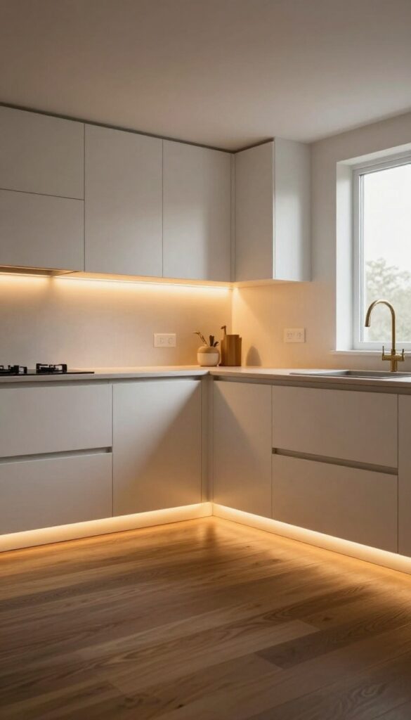 Warm amber rope light under kitchen toe kicks creating a soft glow on dark wood floor