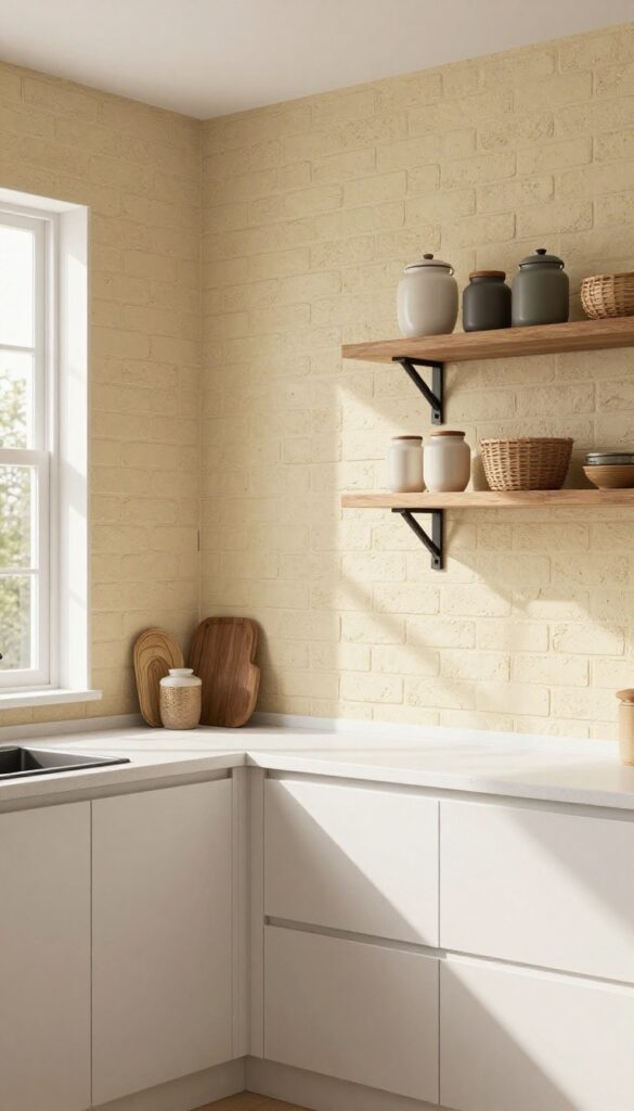 Kitchen with textured faux brick wallpaper in warm beige, open shelving with ceramics and baskets, natural light.