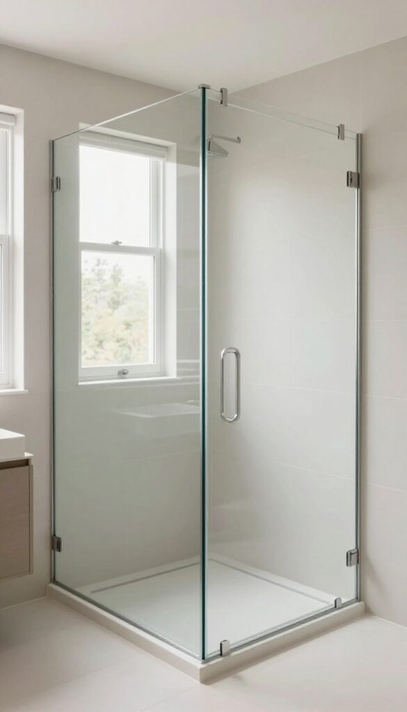 Modern bathroom with a glass shower wall at the far end to enhance visual depth and spaciousness in a rectangular layout.