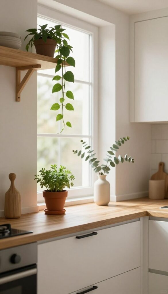 A narrow parallel kitchen with greenery on the windowsill and a trailing vine on a high shelf, creating a warm and lived-in atmosphere.
