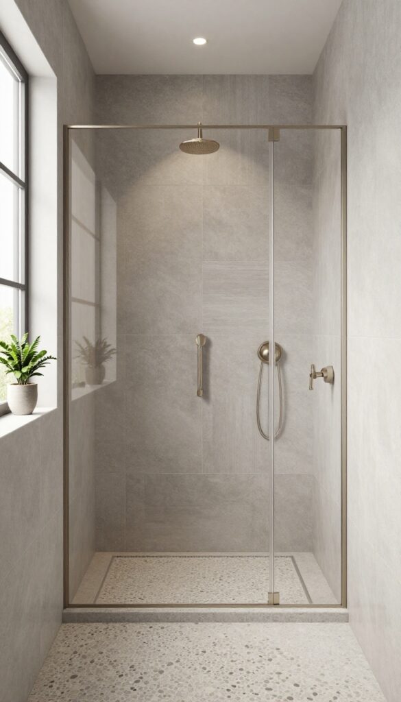 A spacious walk-in shower with neutral gray tiles, textured pebble stone floor, brushed nickel fixtures, and live plants in a bright master bathroom.