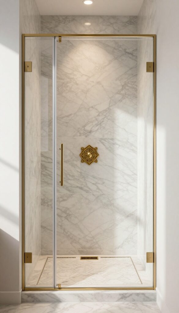Modern walk-in shower with decorative center drain cover and neutral tile floor
