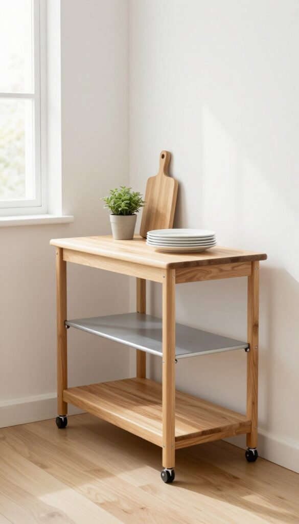 A slim wooden rolling cart with a butcher-block top and open shelves in a bright kitchen, holding a plant, cutting board, and white plates.
