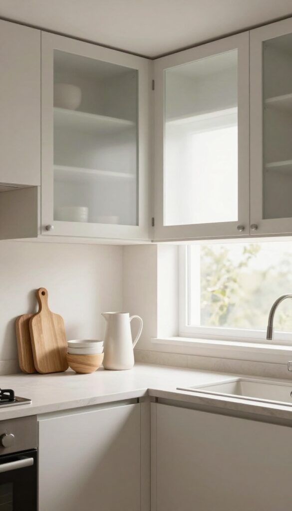 Modern kitchen corner with glass-front upper cabinets displaying curated dishware in natural light