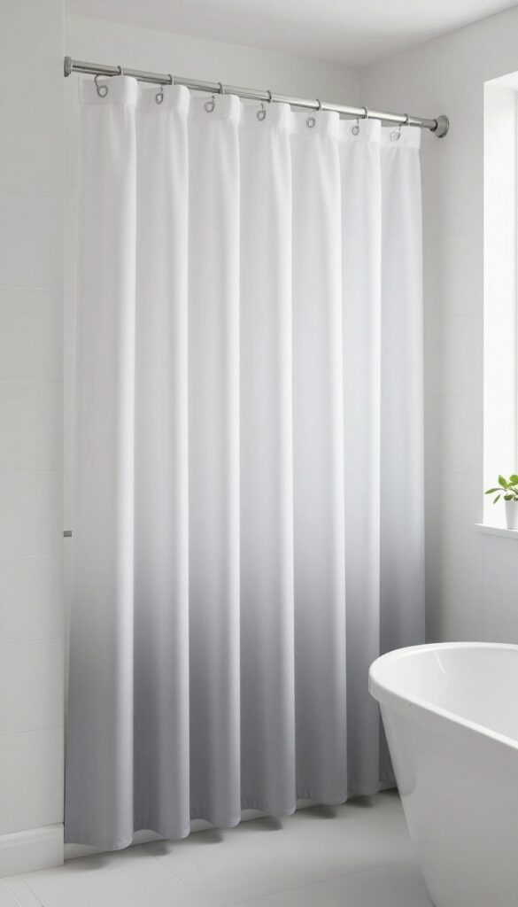 Soft color gradient double shower curtain in a bright minimalist bathroom