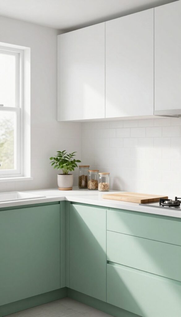 Mint green lower cabinets and white upper cabinets in a bright kitchen with subway tile backsplash