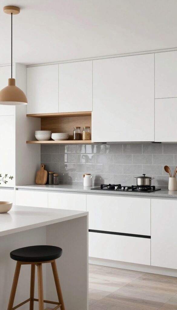 Modern monochrome kitchen with white cabinets, black hardware, gray countertops, warm wood floating shelves and bar stools.