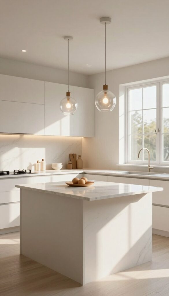 Bright kitchen with layered lighting including recessed ceiling lights, under-cabinet strips, and pendant lamps over an island