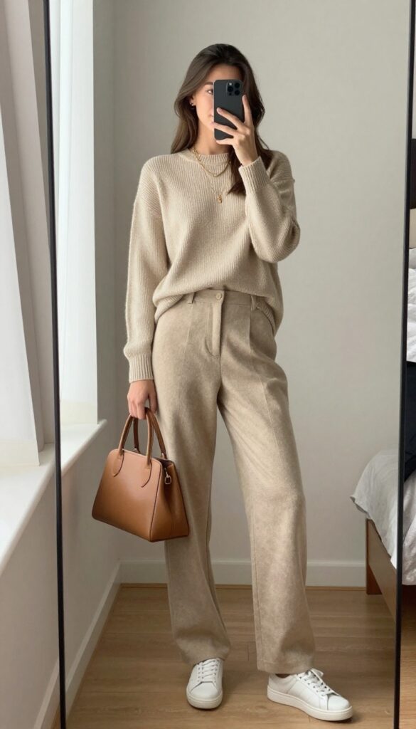 Woman taking a mirror selfie wearing a beige matching knit set with sneakers and a structured bag, casual dinner outfit.