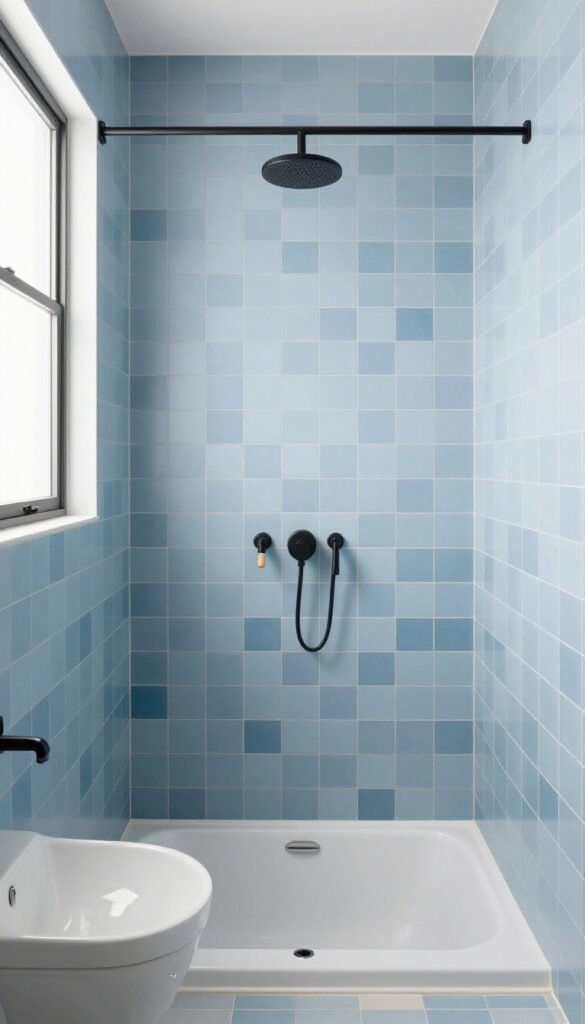 A serene bathroom shower with layered shades of soft blue tiles, matte black fixtures, and natural wood accents in bright natural light.