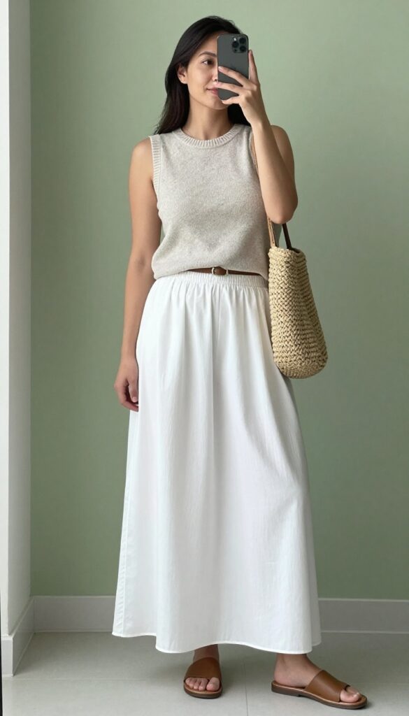 A woman wearing a white maxi skirt with a knit sweater tank in neutral tones, styled with slides, minimal jewelry, and a woven bag for a cozy yet light summer outfit in bright natural light.
