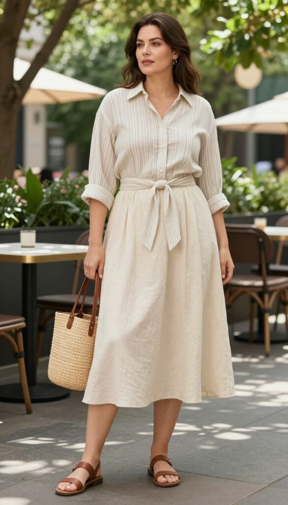 A woman wearing a flowy midi skirt and knotted button-up shirt in a casual boho outfit for effortless style, set in a bright outdoor scene suitable for brunch.