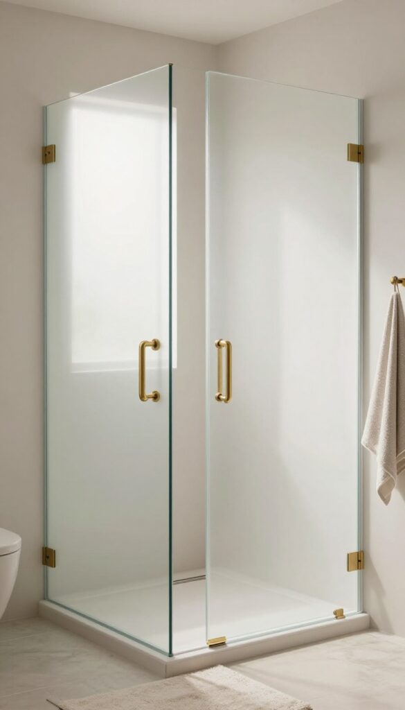 A small quadrant shower room with frosted glass doors, allowing light to filter through for privacy and spaciousness, featuring warm metal finishes and soft textiles in bright natural light.