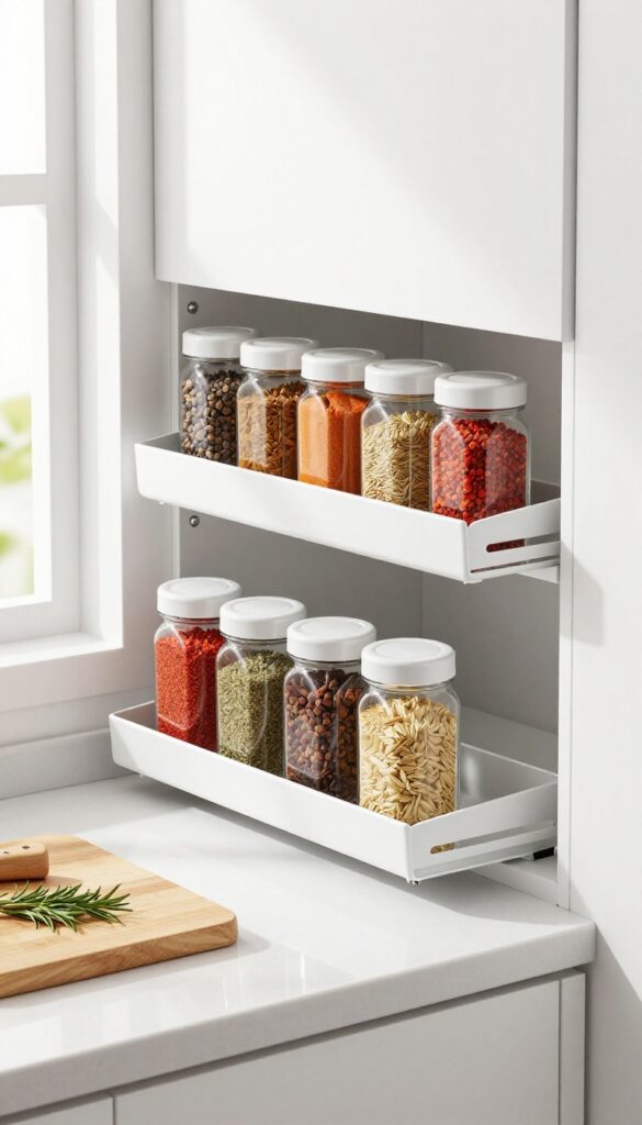Under-cabinet sliding spice rack with uniform clear glass jars in a bright modern kitchen