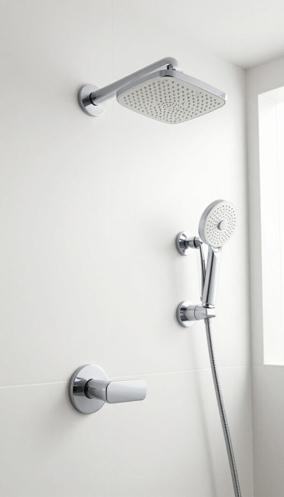 Close-up view of coordinated chrome shower hardware in a modern bathroom with white tiles and natural lighting