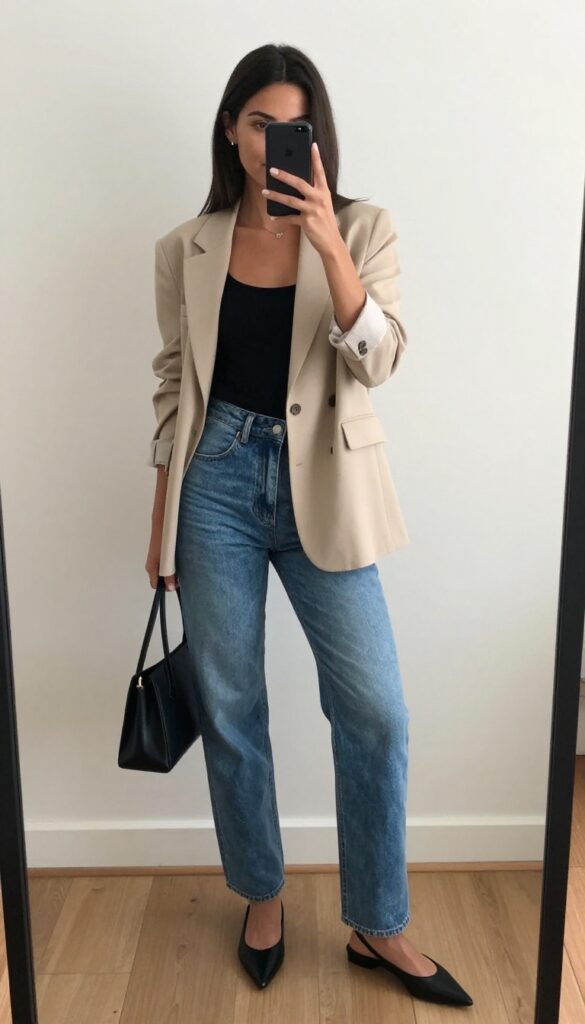 A woman takes a mirror selfie wearing high-waisted straight-leg jeans, a black tank top, a beige blazer with rolled sleeves, pointed flats, and a leather handbag, embodying a casual-chic dinner outfit.