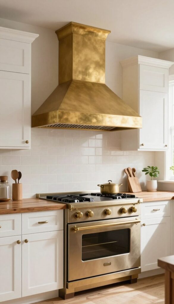 Warm kitchen with a sculptural brass range hood as the focal point, simple white cabinets, neutral backsplash, and walnut countertops in natural light.