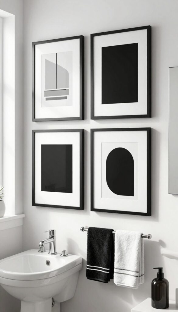 A photorealistic image of a bright bathroom with minimalist black and white art prints in black frames hanging on the wall, showcasing how artwork can enhance a monochrome decor scheme without competing with the design.