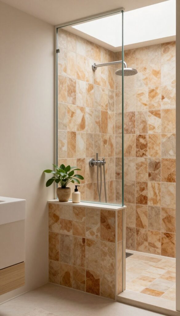 Half-wall with glass above in a light and airy bathroom featuring earthy zellige tiles and frameless glass partition.