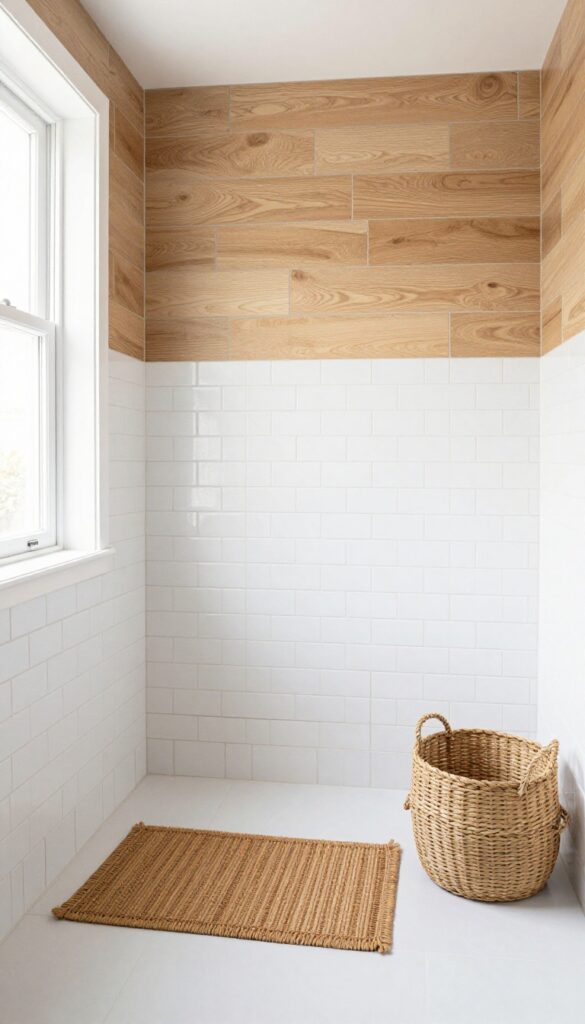 A shower with white subway tiles combined with wood-look tiles on adjacent walls, creating a timeless and cozy bathroom retreat with natural warmth and texture.