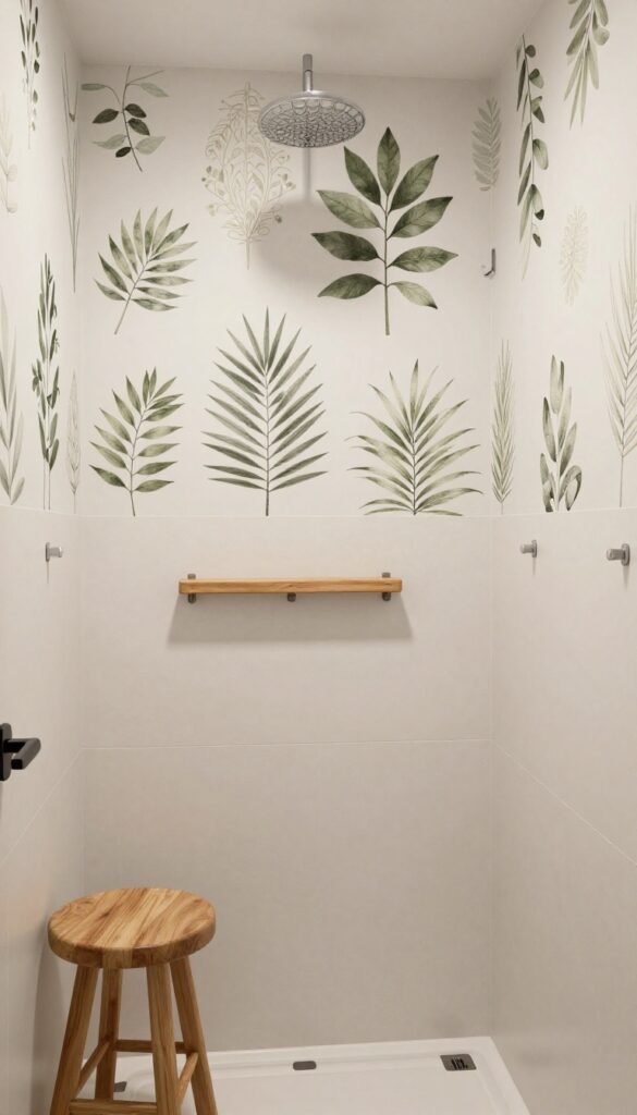 A bathroom shower wall with waterproof art or decals displayed above the surround in a bright, clean setting with natural light and neutral decor.